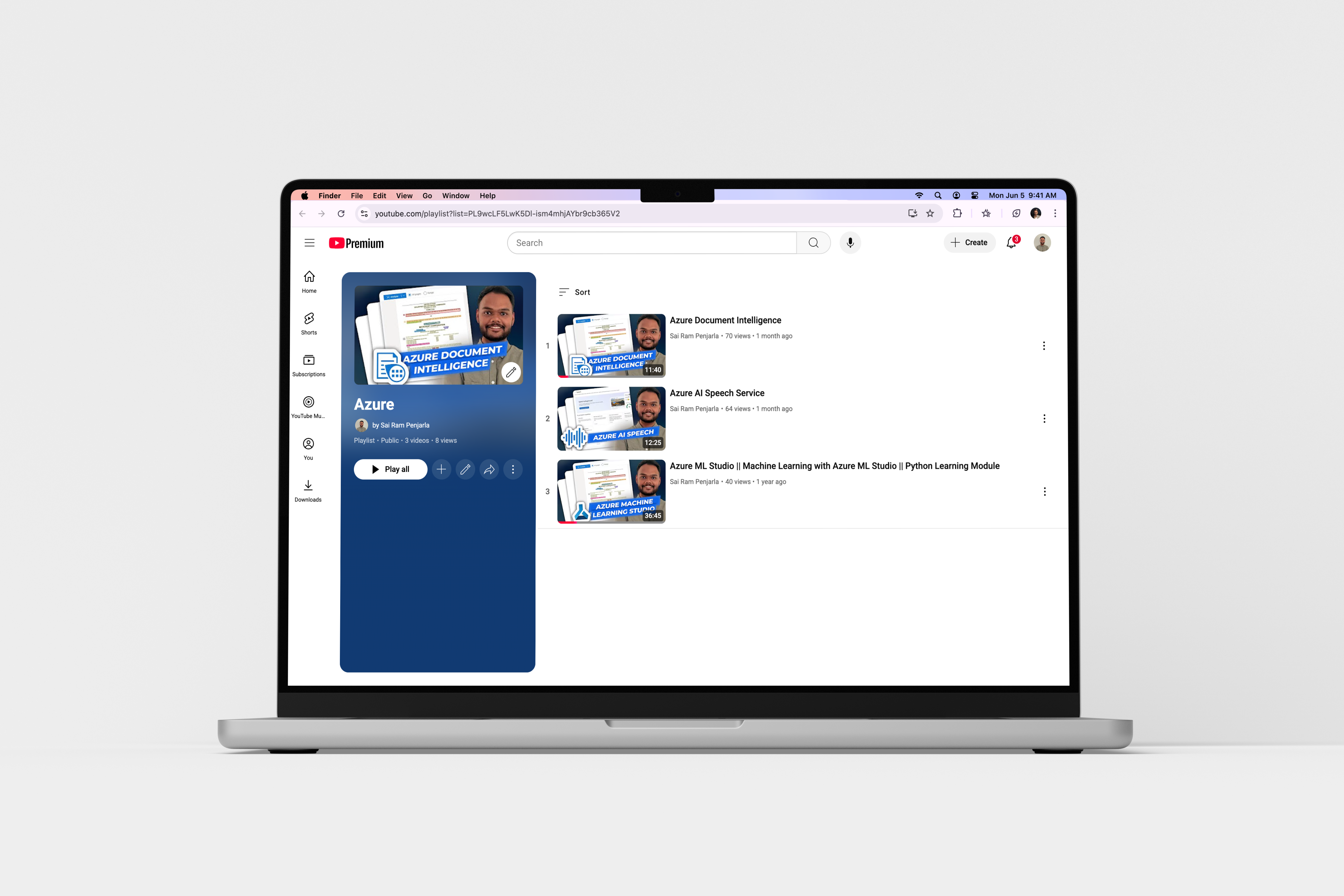 Laptop showing Azure course playlist