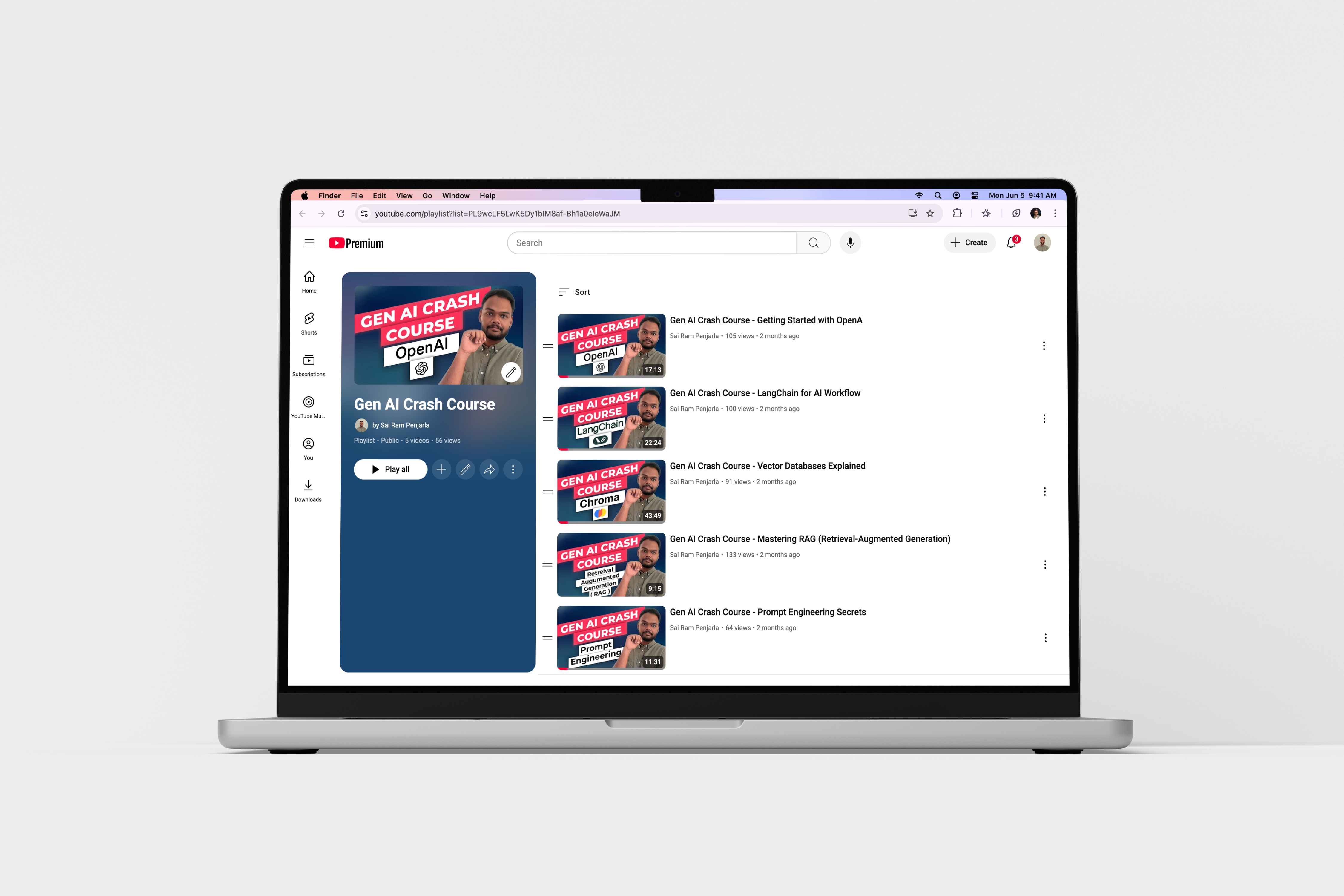 Laptop showing AI course playlist